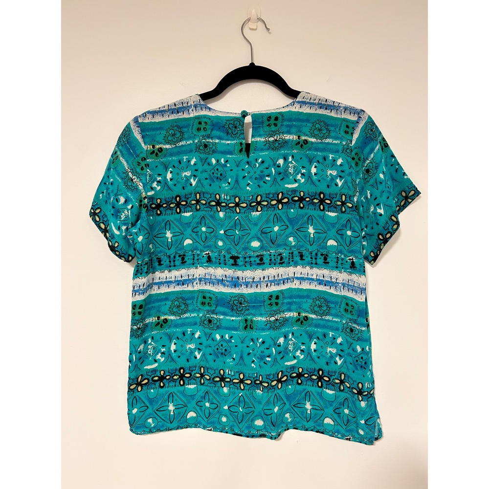 Kim Rogers Petite Small 100% Silk Teal Blue Abstract Geometric Short Sleeve Top - Picture 6 of 7